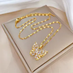 Fantastic Crystal Gold-Color Butterfly Necklace For Women Rhinestone Symmetrical Pendant Accessories Party Jewelry Gifts