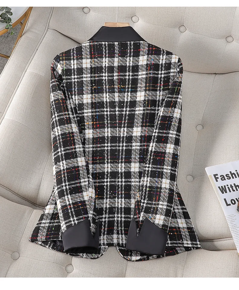 Luxury Ladies Black and White Plaid Fashion Small Fragrance Tweed Commuter Short Suit Women\'s High Strecth Blazers