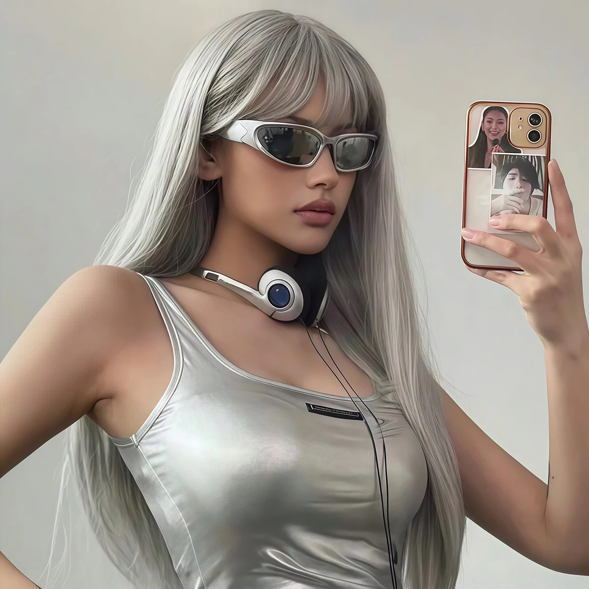 Silver Grey Straight Long Synthetic Wig for Women with Thick Bangs Smooth Silky Texture Harajuku Gothic Style for Anime Cosplay image 3