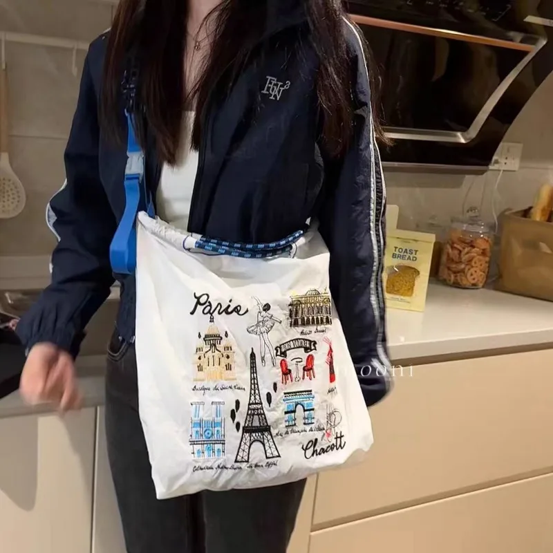 Japanese Hand Bag Oxford Cloth Embroidery Nylon Shopping Portable Shoulder Bag Korea Foldable Bag Paris Embroidery