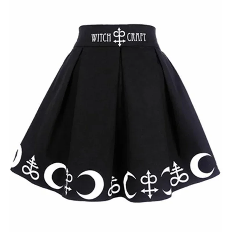 

High Waist Gothic Print Pleated Skirts Black Emo Alt Y2K Mini Women Witch Moon Printed Skater Harajuku Punk Rock Gothic Skirt