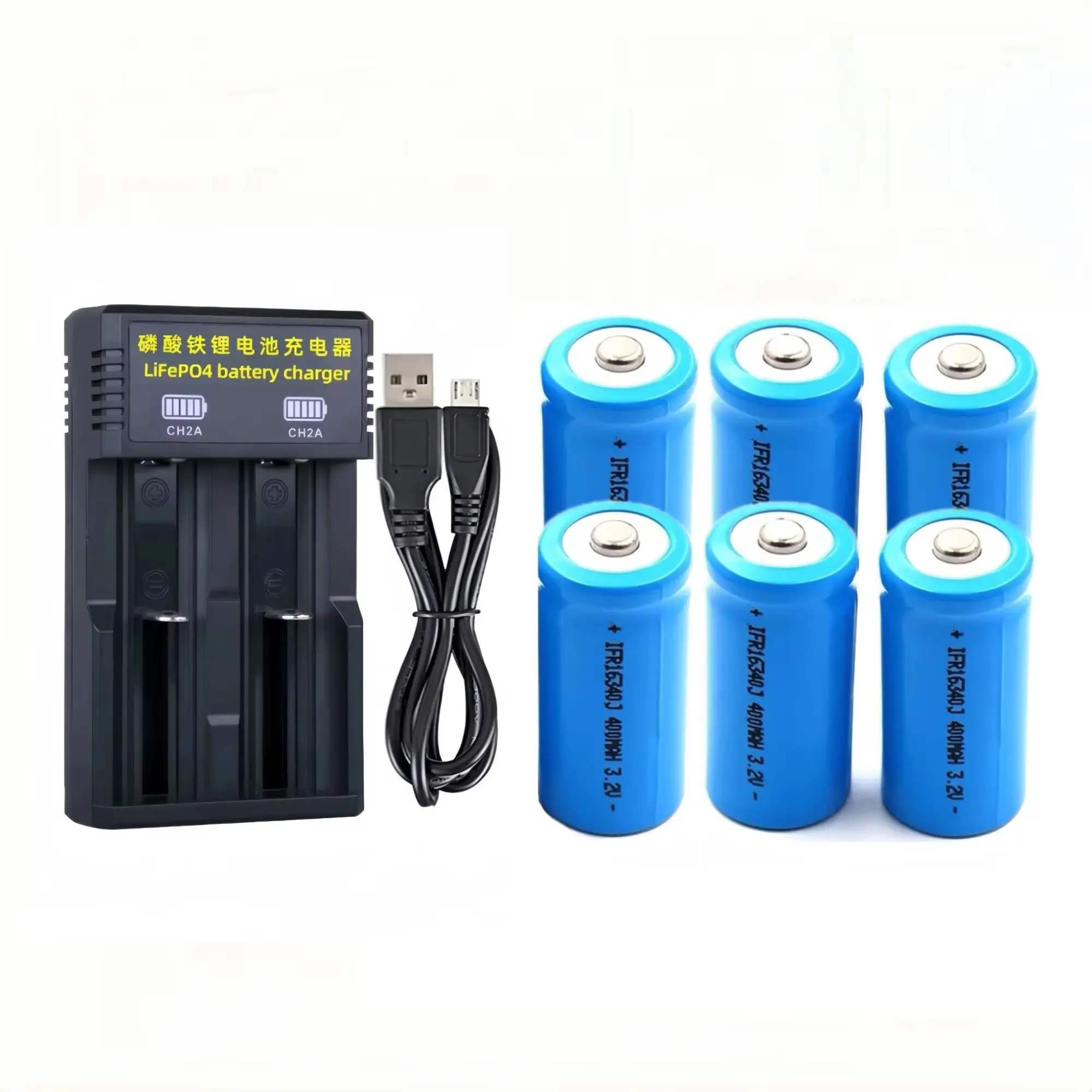

6PCS 16340 LiFePO4 Battery 3.2V 400mAh CR123A Charger for Camera Smoke alarm Gps tracker Monitor Spy cam Rechargeable headlamp