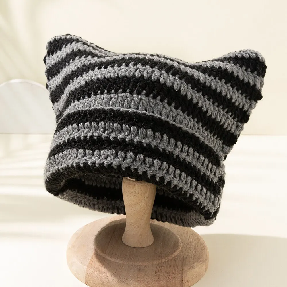 Little Devil Hand Crocheted Woolen Hat Women\'s Knitted Cute Cat\'s Ears (Steamed Cat-ear Shaped Bread) Casual Stripe Hat