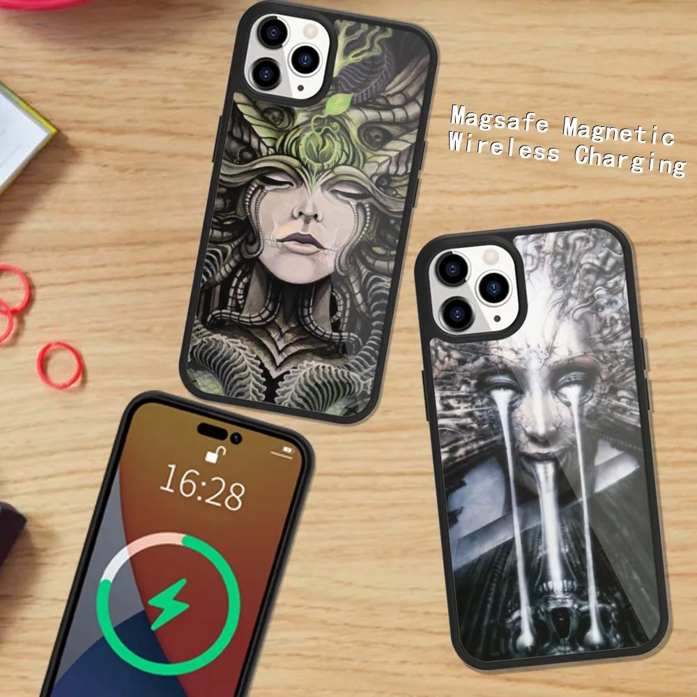 Luxury Hr Giger Art Phone Case Magsafe Magnetic For iPhone 15 14 13 12 11 Plus Pro Max Wireless Charging