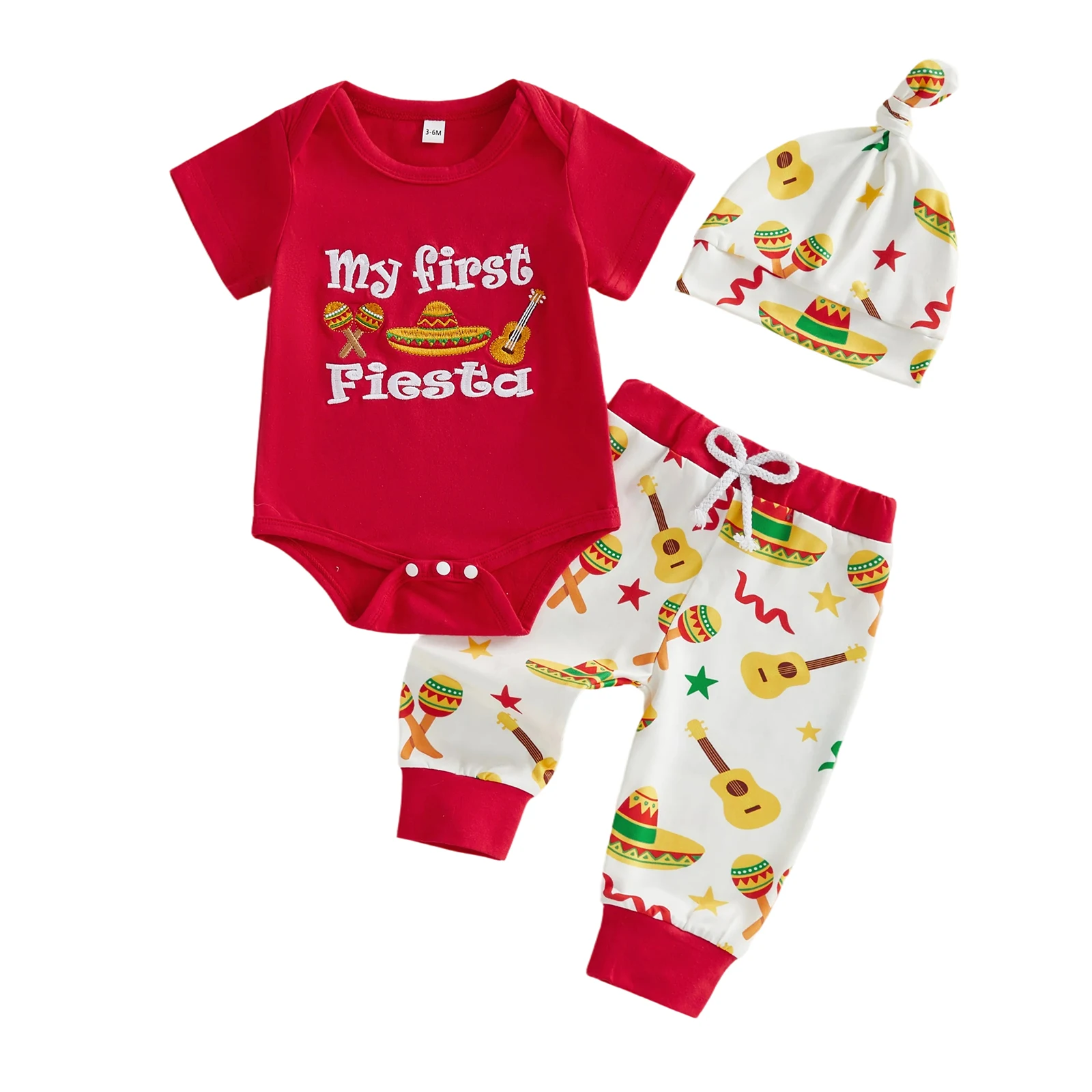 

Комплект одежды для малышей на День Синко де Майо: вышитый комбинезон с брюками и шляпкой с принтом для повседневного праздничного образа