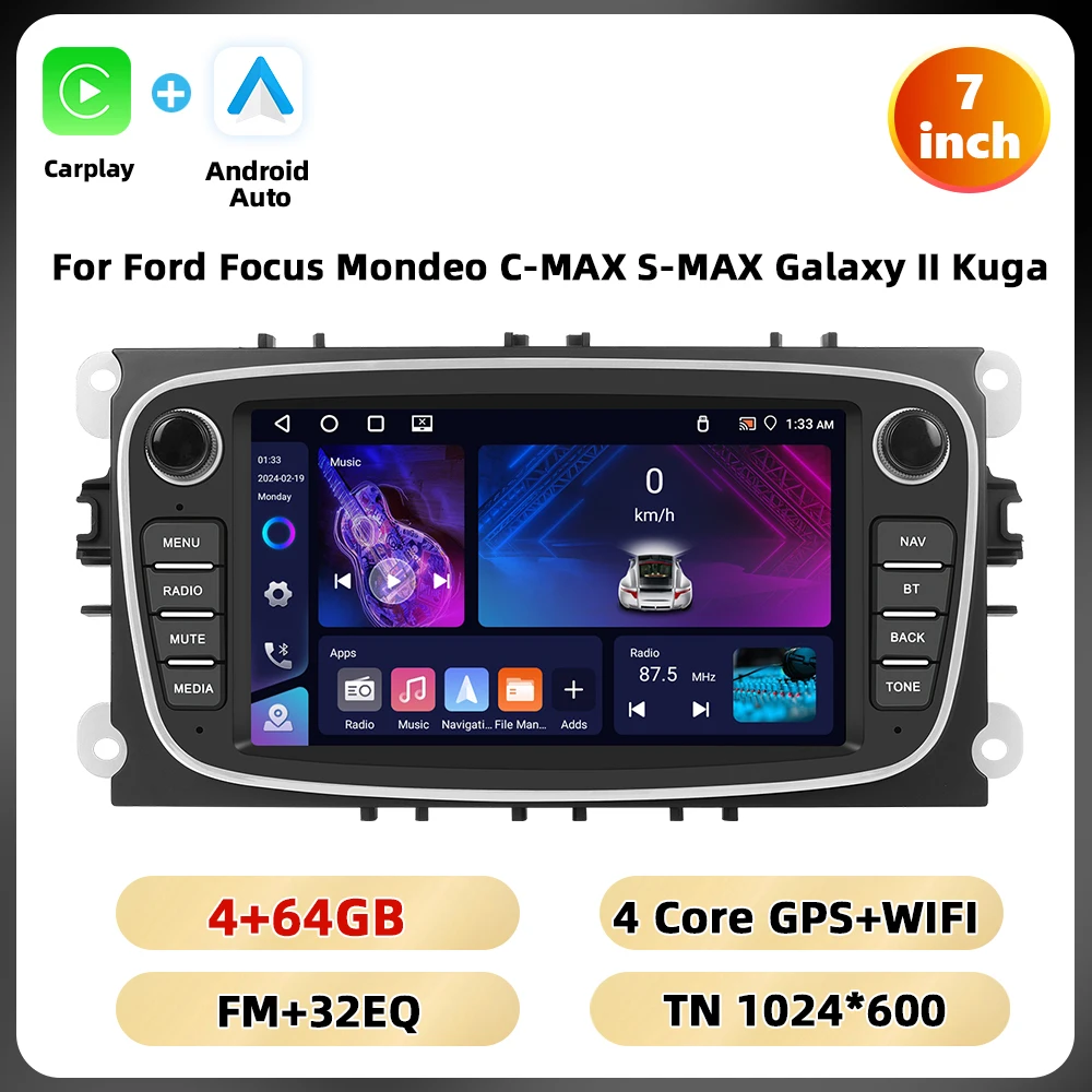 Podofo 7 ''Android Multimedia Speler Voor Ford Focus Mondeo C-MAX S-MAX Galaxy Ii Kuga Gps Navigatie 2 64G Carplay Android Auto