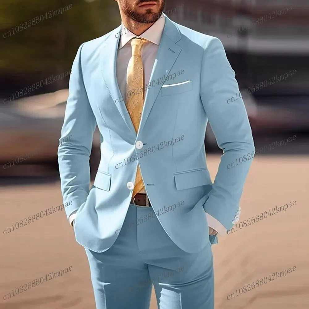 New Sky Blue Men Suit Groom Groomsman Wedding Party Business Prom Formal Occasion Costume Male Tuxedos 2 Piece Set Blazer Pants