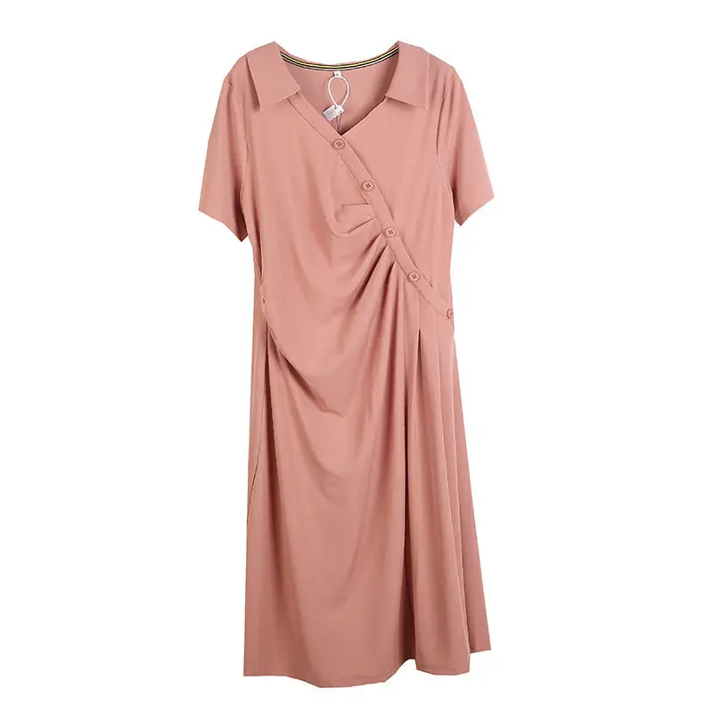 Robe plissée à manches courtes et col en V pour femmes, robes décontractées pour documents solides, bouton, mode, t-shirt de style coréen, été, nouveau, 2023