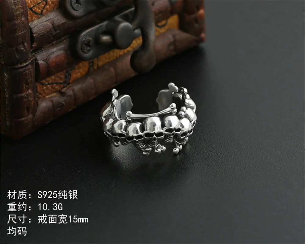 925 Sterling Silver Skeleton Vintage Skull Head Rings Punk Retro Open S925 Solid Thai Silver Ring for Man Charm Gift Jewelry