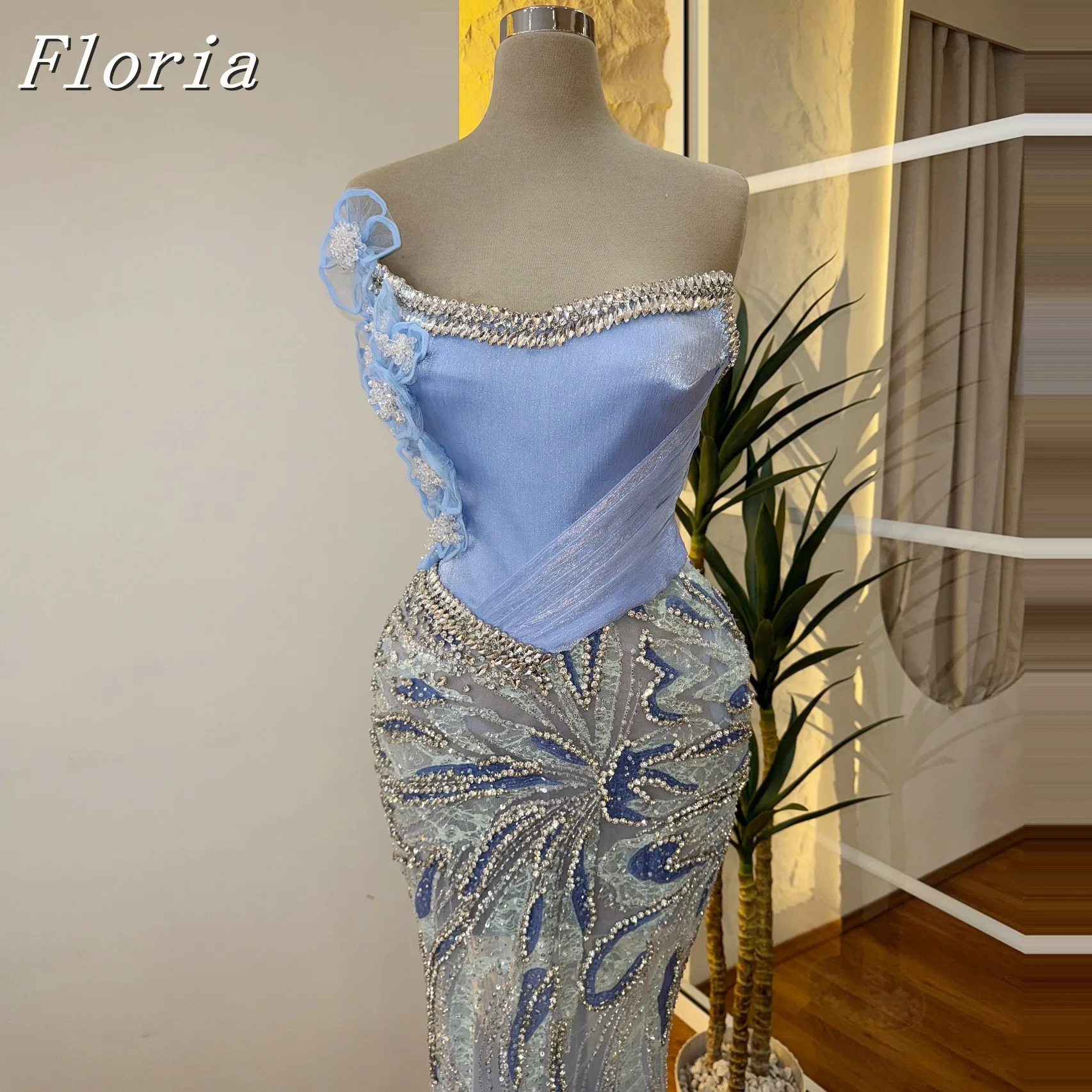 

Blue Contrast Color Mermaid Party Dress with Silver Crystal Off Shoulder Woman Evening Dress 2025