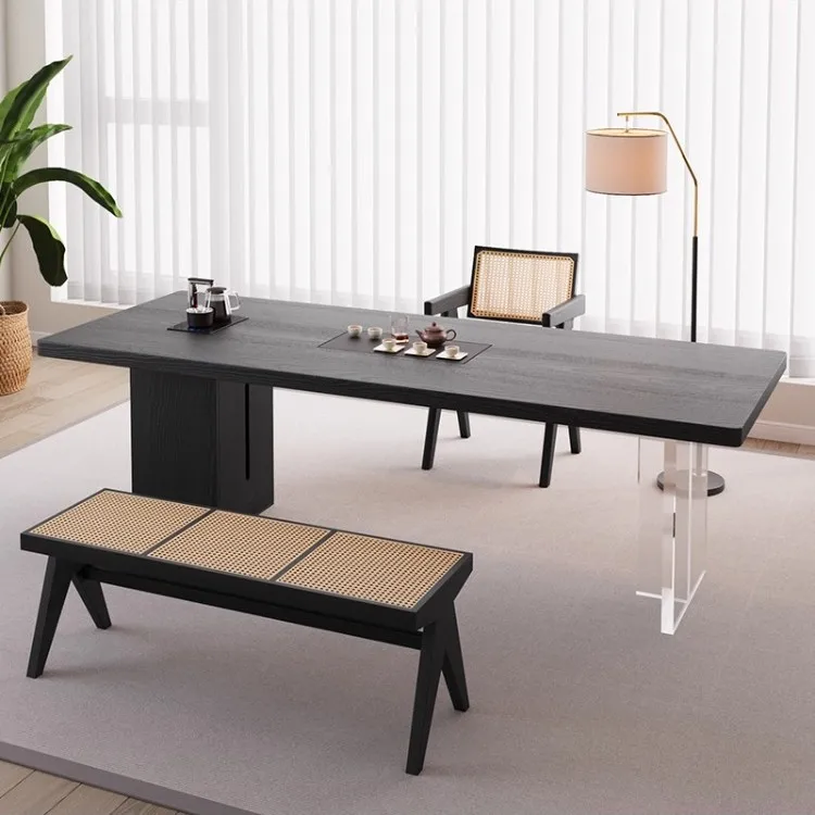 Medieval style solid wood balcony tea table ash wood carbonized color large board tea table office wabi wind tea table and chair