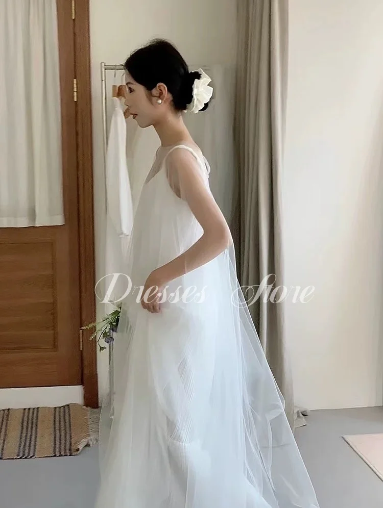 Giyu New Spaghetti Strap Wedding Dress Pleat Backless Tulle Sleeveless Shawl 웨딩드레스 Bridal Gowns Korea Photoshoot Customize