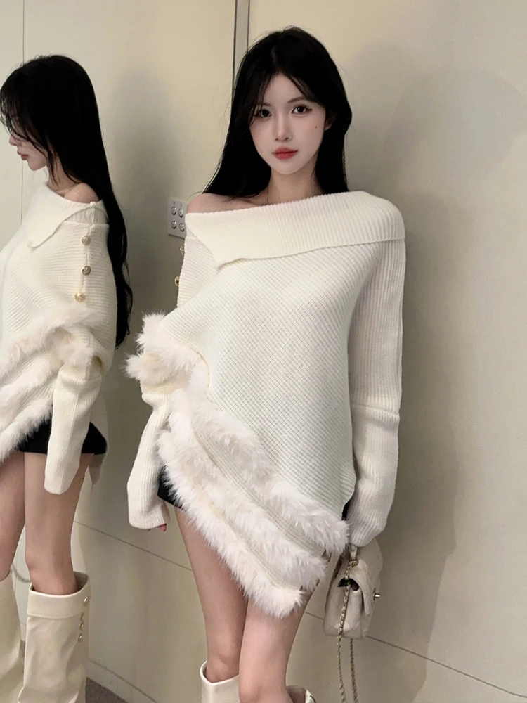 

Autumn Winter Lazy Sle Soft Cozy Knitted Asymmetrical oulder Long Sve Sweater Pure Desirable Versatile Slimming Cloak Top