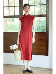 ZIQIAO New Chinese Style Improved Cheongsam Female Long Dress 2024 Summer New Red Retro Versatile Casual Women Dress 24ZQ92250