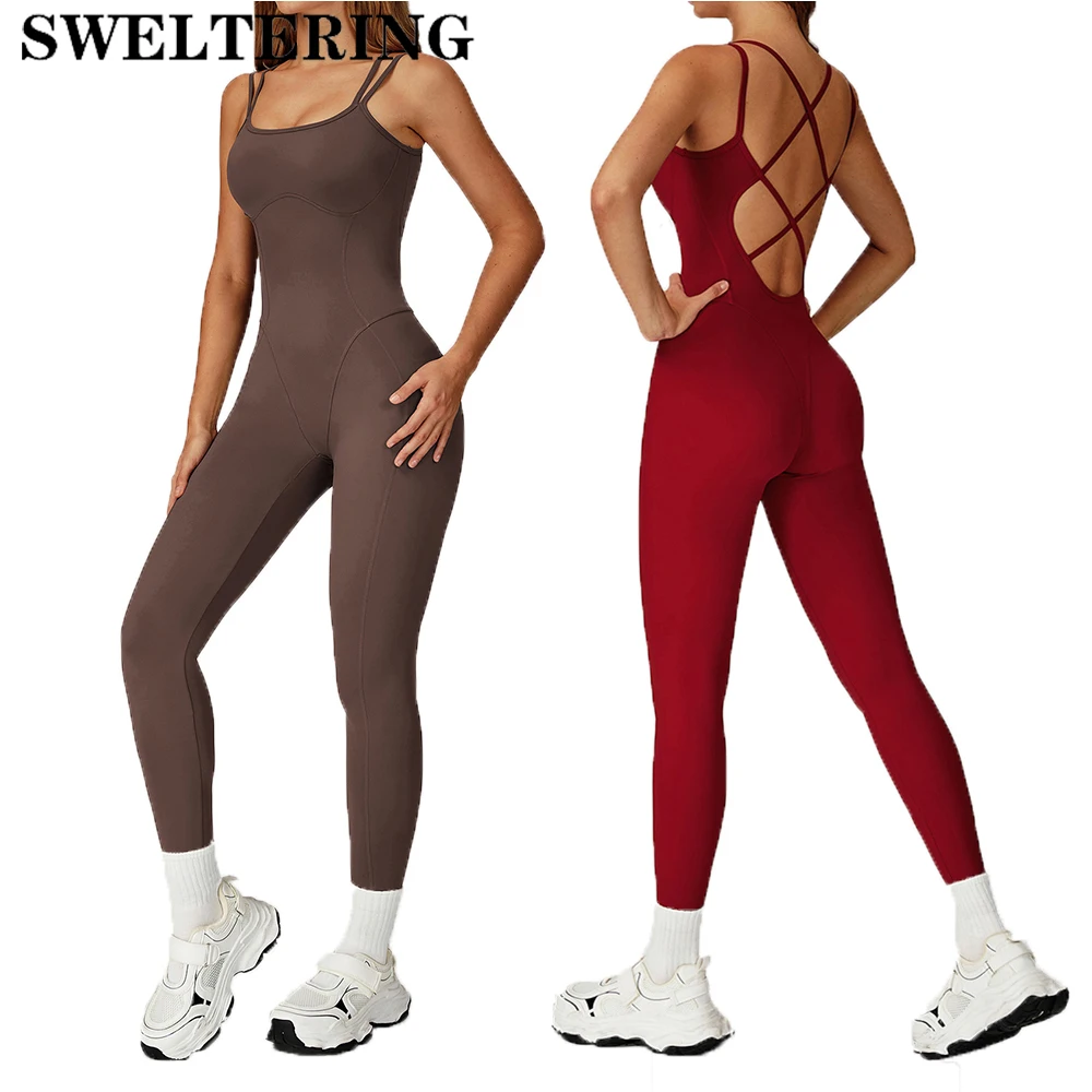 Fitness Jumpsuit Gym Workout Playsuit Sexy Cross Back Strap Sports Bodysuits Backless Romper Women Running One Piece Yoga Suit