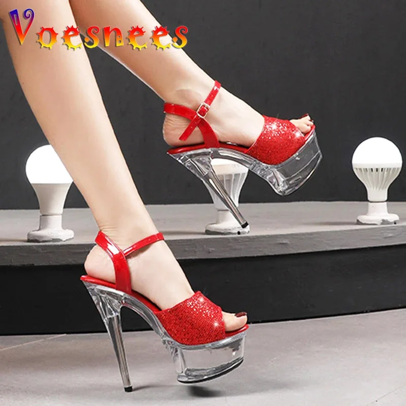 Sequin Cloth Sandals Bling Woman Summer Transparent Waterproof Platform Nightclub High Heel Shoe Super Model Catwalk Show Shoes