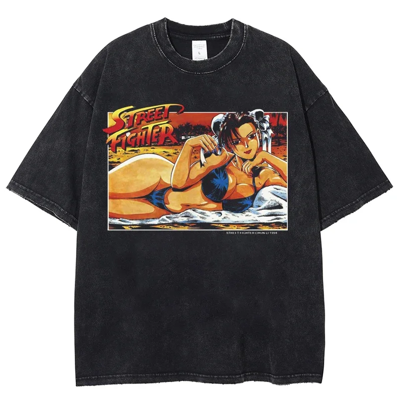 Street Fighter Chun Li Graphic T-Shirt Hip Hop Washed T-Shirt Short Sleeve Summer 100% Cotton Unisex Tshirt Oversized Streetwear