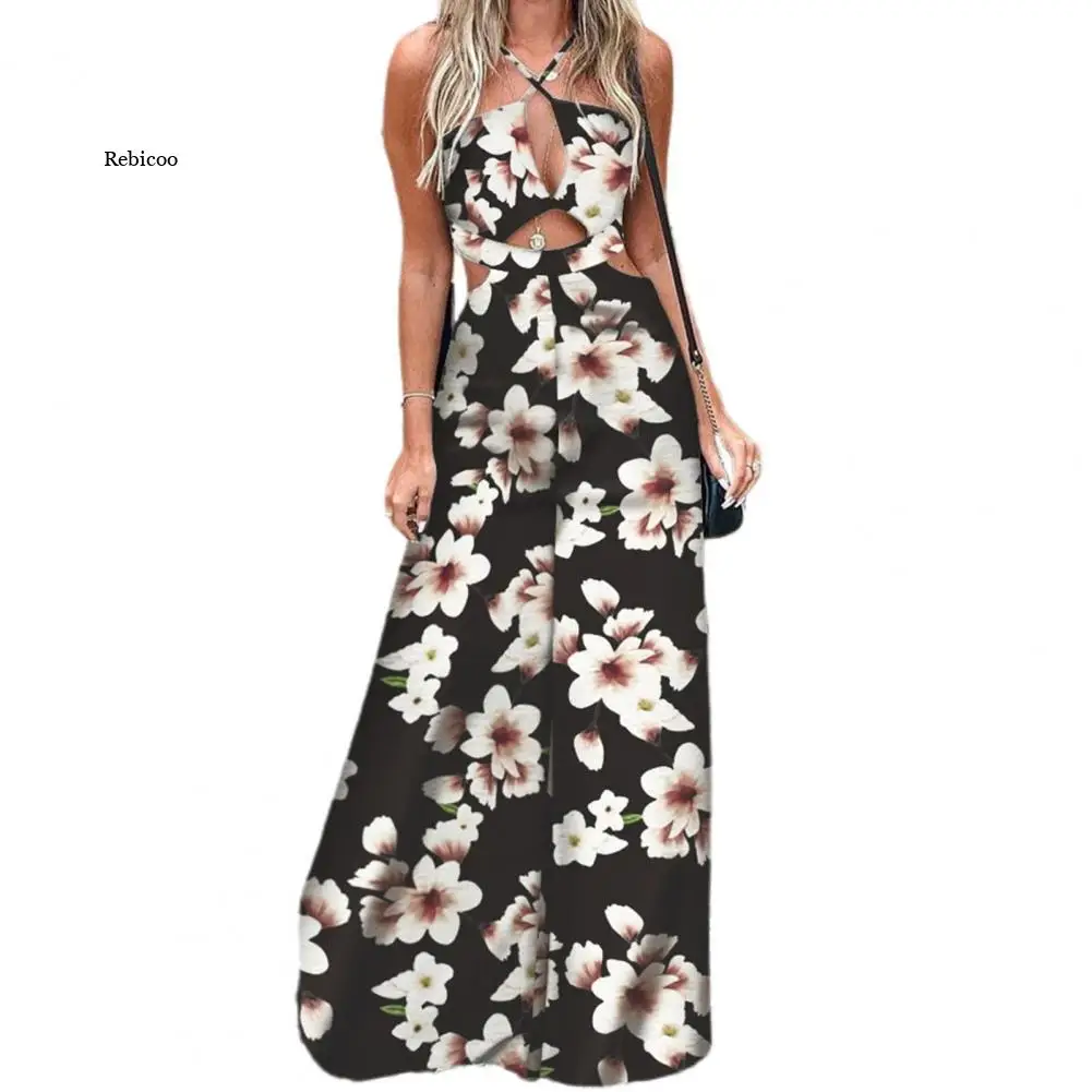 

Female Jumpsuits women Cross Sling Halter Women Jumpsuit Soft Wide Leg Hollow Out Print Beach Romper Streetwear