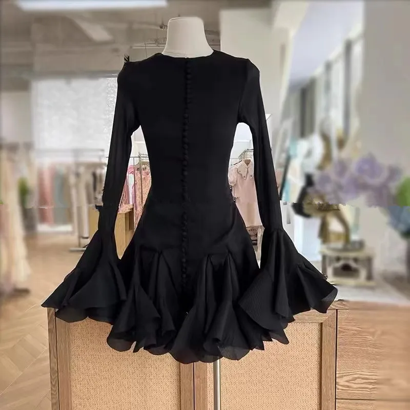 Luxury New Fashion Patchwork Ruffles Solid Slimming Dress For Women O Neck Flare Sleeve High Waist Party Casual Female Dresses