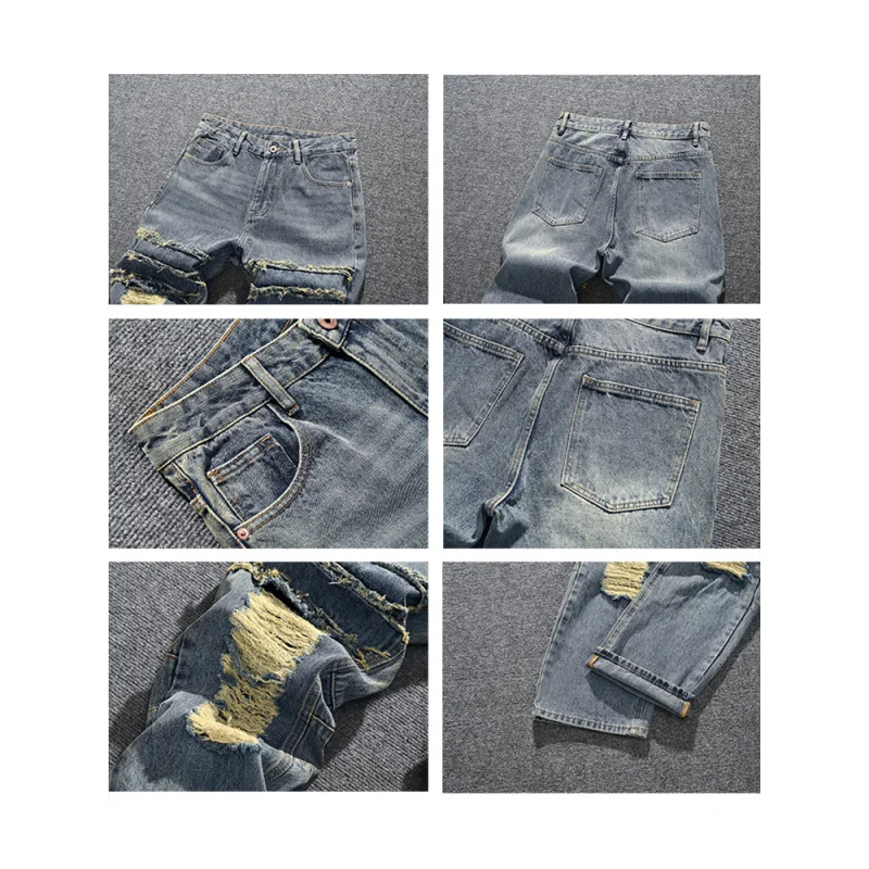 Jeans robek kaki lurus longgar nostalgia retro merek fashion Amerika untuk pria, celana ruff jalanan dan celana lebar bergaya