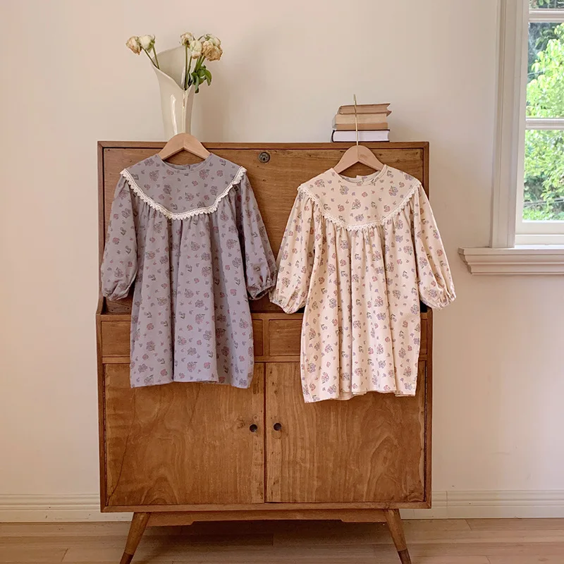 

2025Autumn Children's Clothing French Retro Print Loose Girls' Dress Lace Long Sleeve Princess Dress for Kids