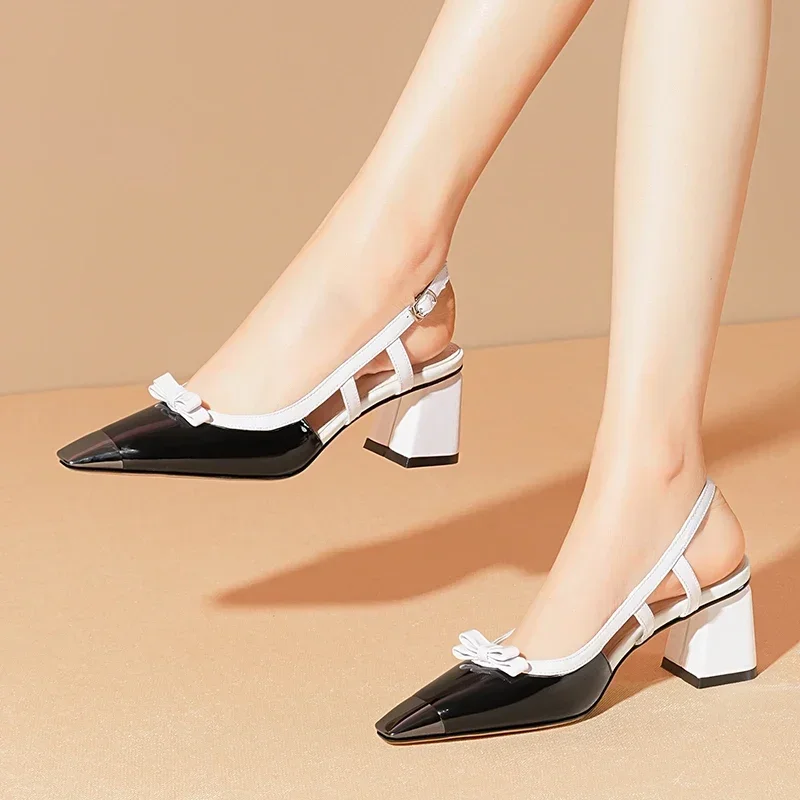 

2024 New Elegant Fashion Sandals For Women Thick Heeled Metal Square Toe Pumps Butterfly Knot Genuine Leather Party Shoes Woman