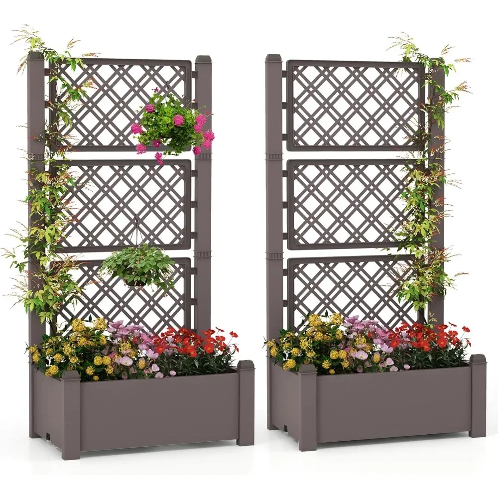 

2 Pieces Garden Planter with Trellis, Self Watering Raised Garden Bed with Drainage Hole & Water Level Monitor, Outdoor Planter