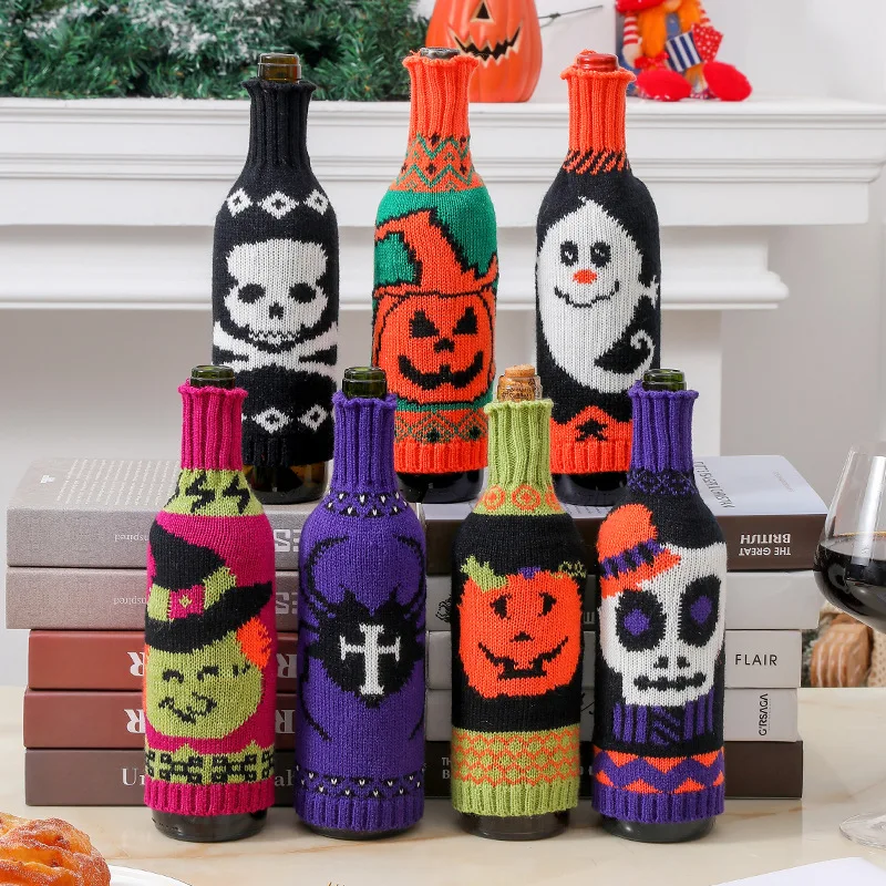 New Halloween Knitted Wine Bottle Cover Pumpkin Ghost Skull Witch Pattern Wine Sleeve for Dinner Table Party Home Decor Supplies