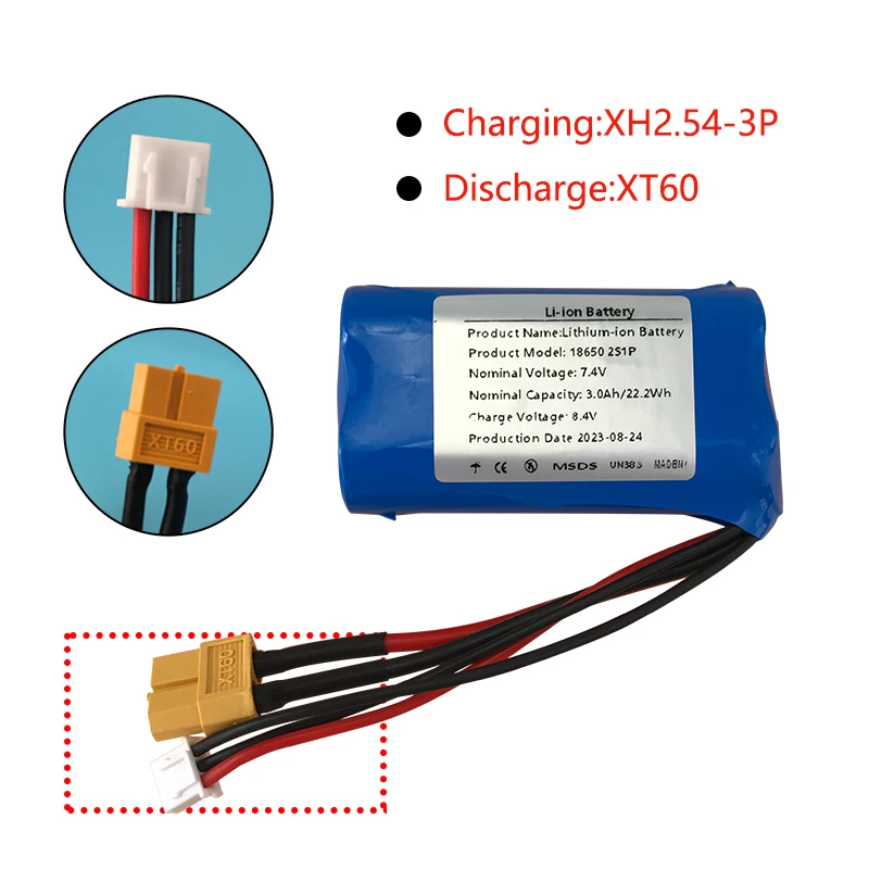 7.4V 3000mAh 18650 2S1P ชาร์จได้ก้อนแบตเตอรี่ Li-ion เหมาะสำหรับกล้องของเล่นไฟฟ้าไฟ LED สำรองพลังงานในตัว BMS