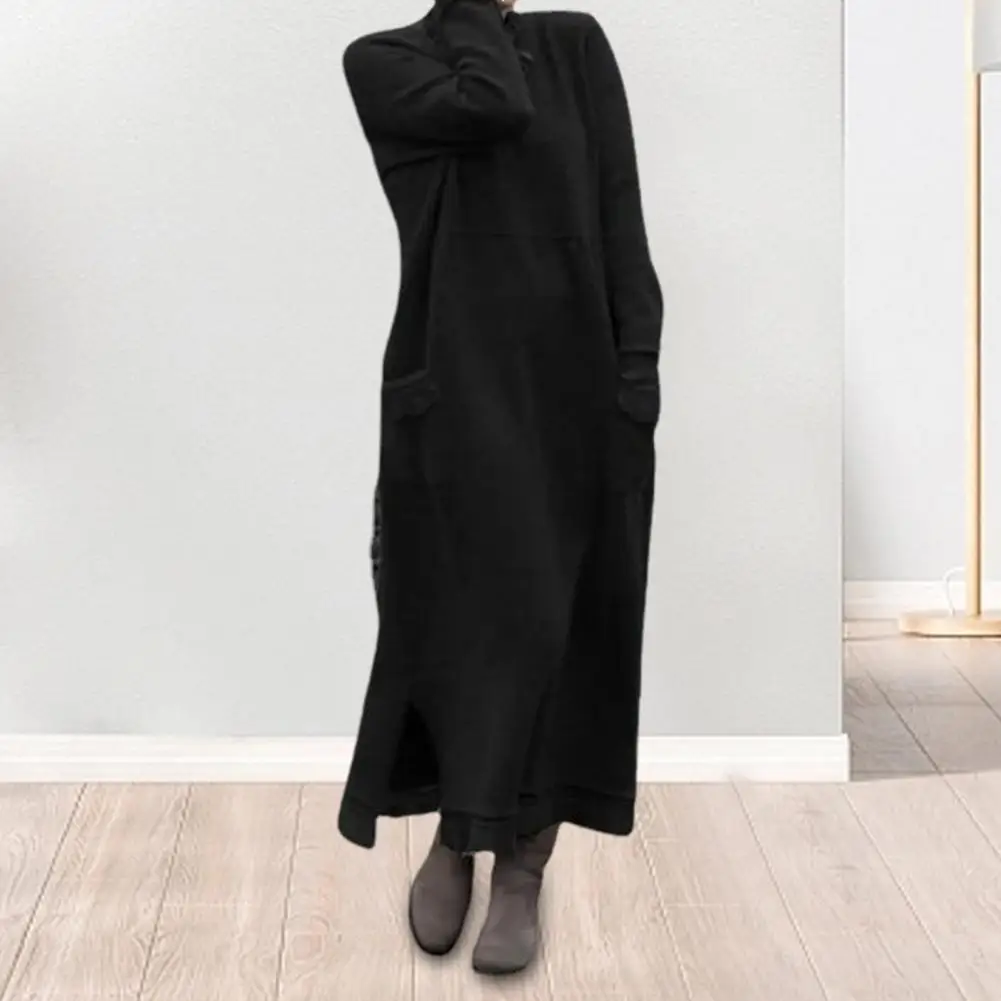 فستان خريفي أنيق مقاس كبير فستان ماكسي مع جيوب مزين بالدانتيل للنساء ملابس خريف وربيع تصميم أنيق بأكمام طويلة وحاشية