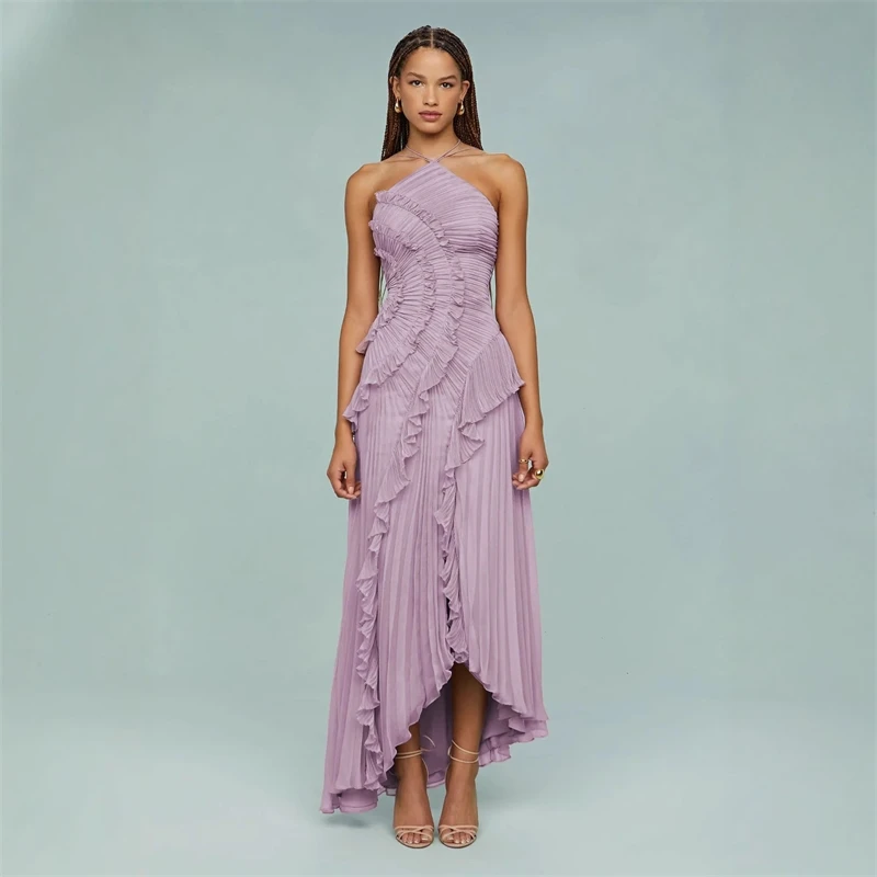 

Многоярусное плиссированное платье макси с оборками, женское летнее модное трапециевидное сексуальное платье с открытой спиной и лямкой на шее, элегантное вечернее длинное вечернее платье