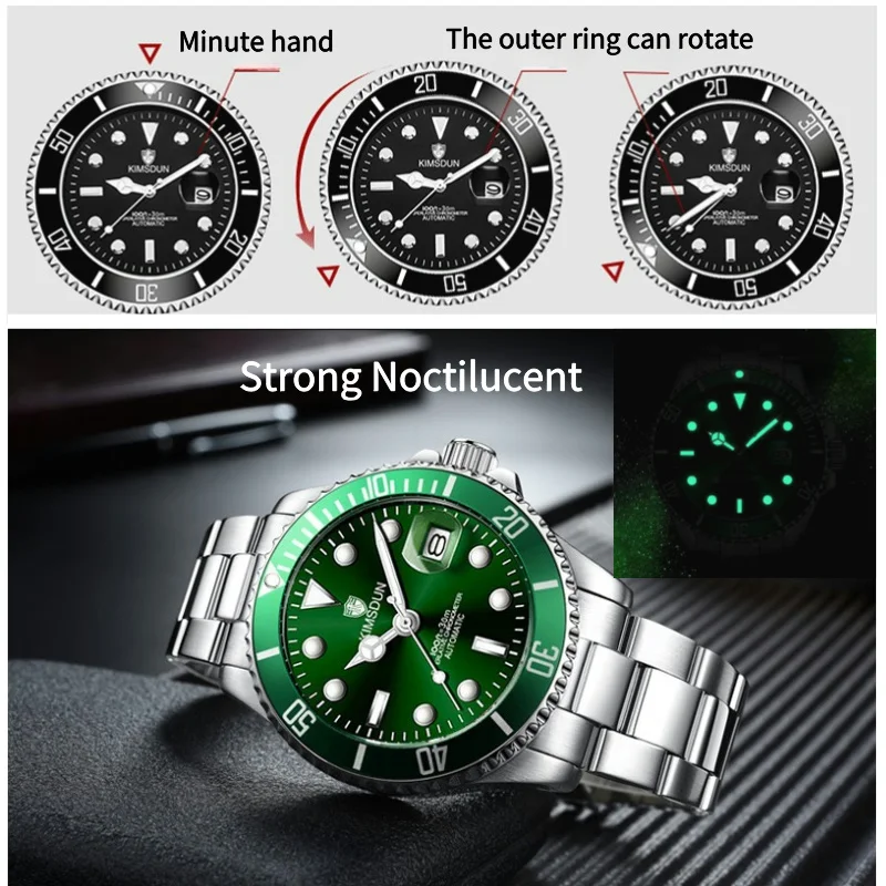 Men\'s Fully Automatic Mechanical Watch Basic Style Submariner 43mm Dial with Calendar Function Rotatable Outer Scale Waterproof