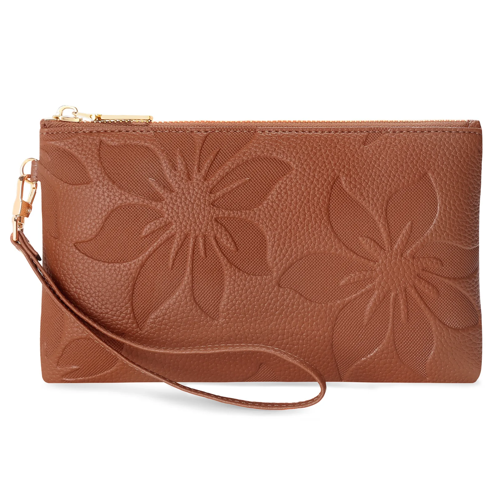PU leather women long handbag multifunctional simple zipper kapok embosed purse mobile phone bag