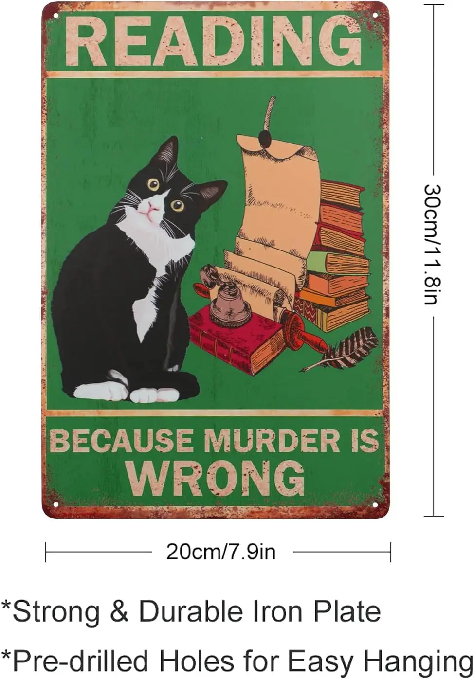 Black Cat Reading Vintage Metal Signs Reading Because Murder is Wrong Retro Signs for Library Reading Room Home Coffee