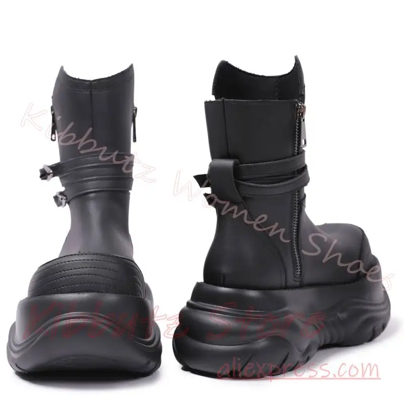 Platform Ankle Boots Women Double Strap Metal Ring Buckle Side Zipper Slouchy Shaft Goth Y2K Streetwear Dark Academia Footwear