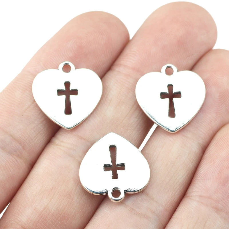 15Pieces 17x16mm Heart Hollow Cross Charms Antique Silver Color Charms For DIY Handmade Making Jewelry