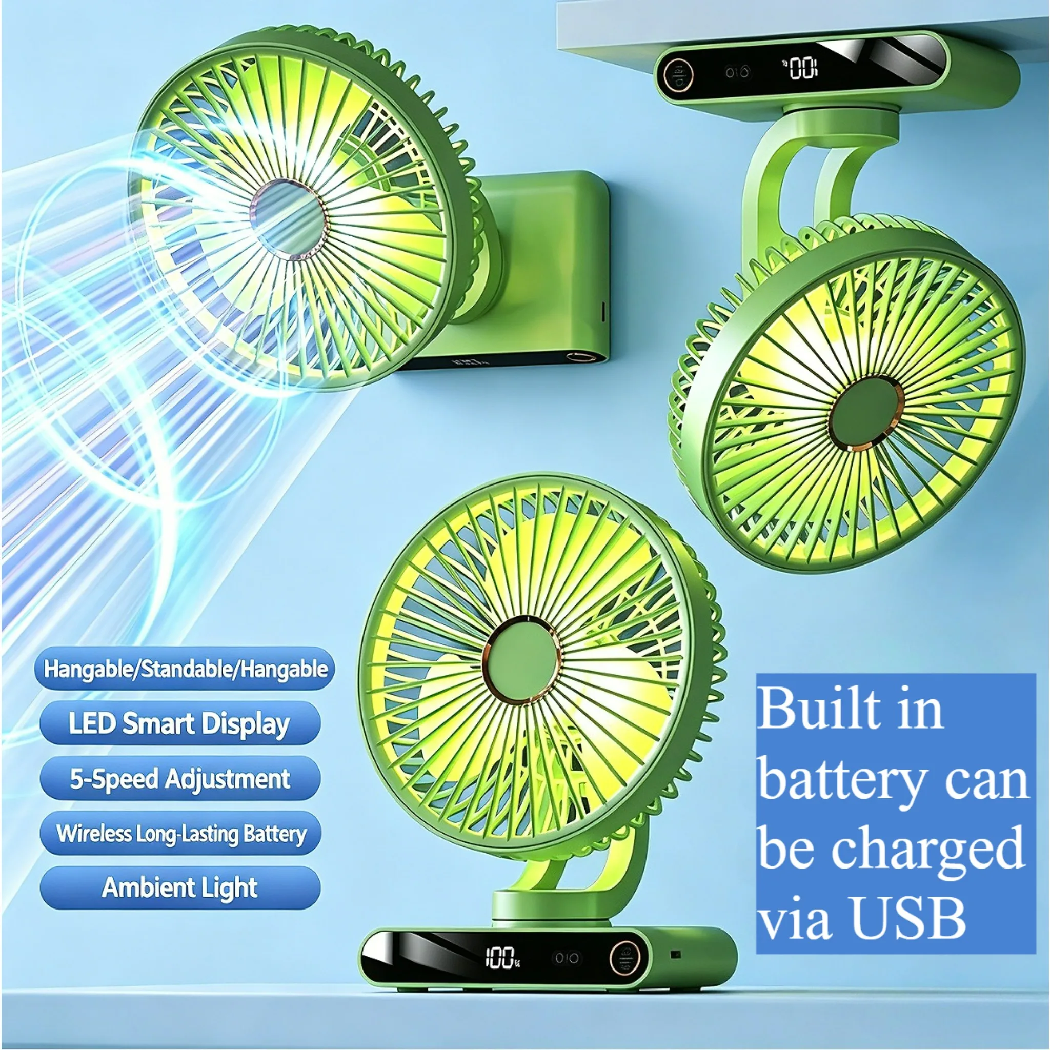 Digital Display Desk Fan 5 Speed Setting USB Charging with Atmosphere Lamp for Office Home Student Dormitory Bedside Night Light
