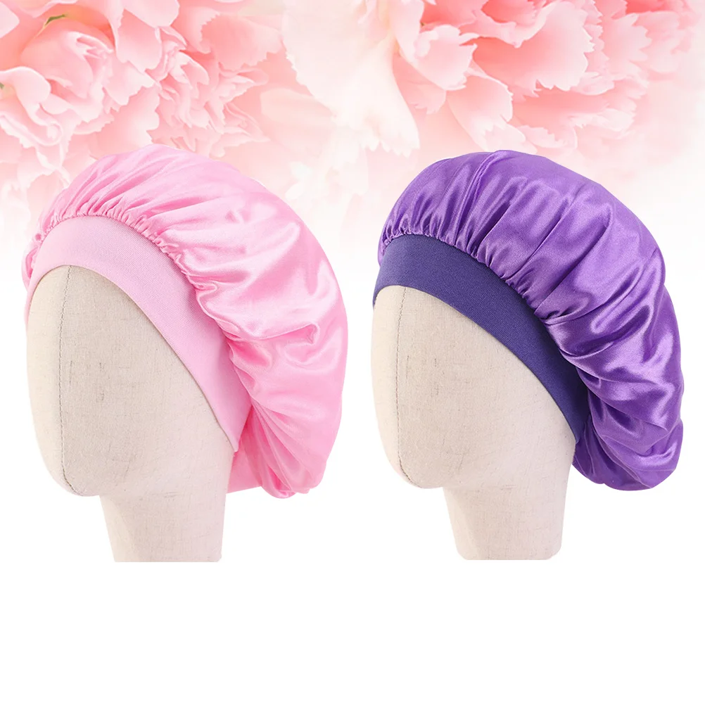 

2pcs Kids Sleep Caps Satin Hair Protection Bathing Cap Lightweight Soft Elastic Rim For Home Travel Use Purple Pink