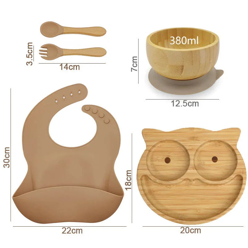 5Pcs Bamboo Bowl Plate For Kid Personalized Name Baby Feeding Set Bamboo Tableware Owl Plate Bowl With Spoon Silicone Baby Stuff