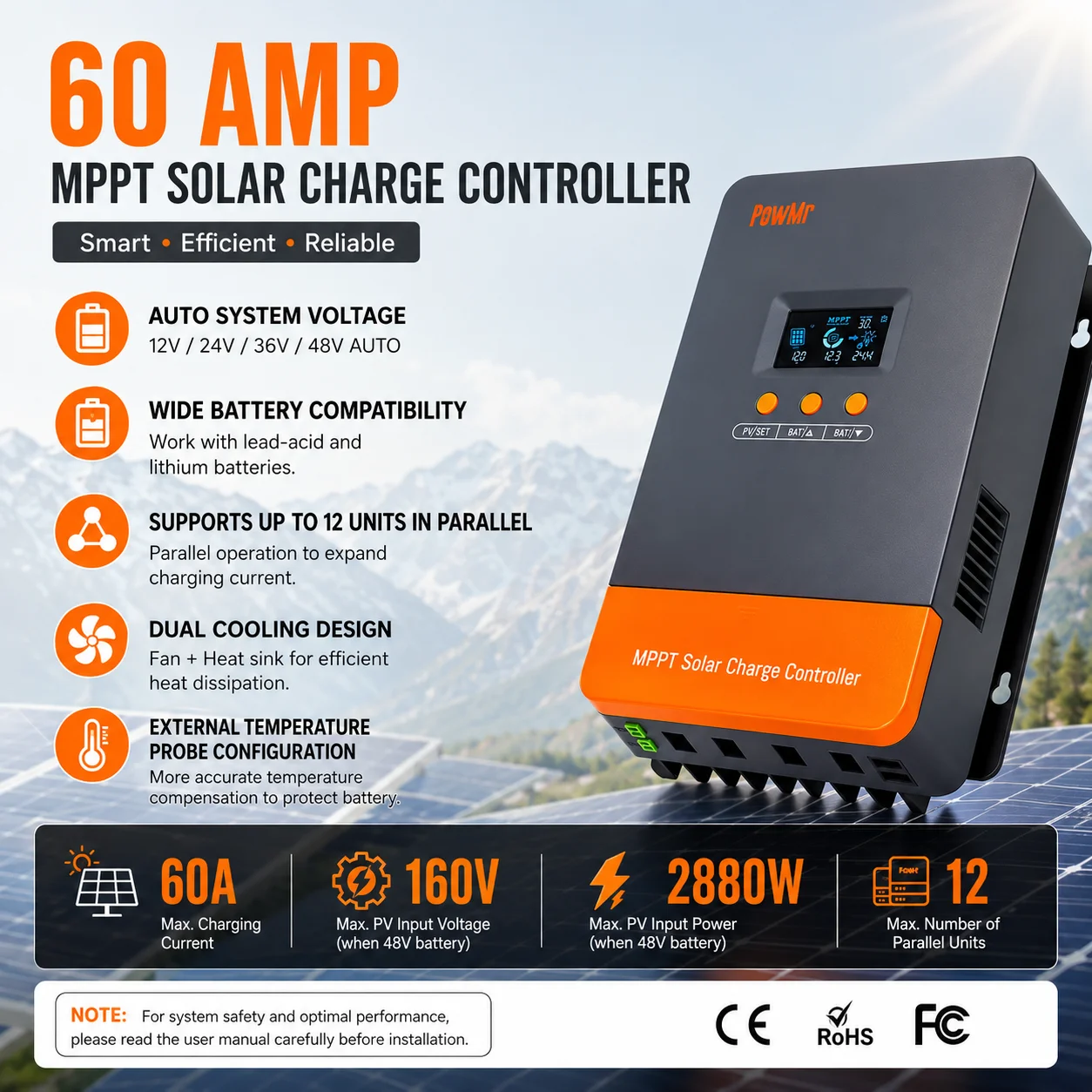 PowMr 60A MPPT Solar Charge Controller Max PV 160V 2800W Auto 12V 24V 36V 48V Up to 12 in Parallel Connections for Solar Home US Store