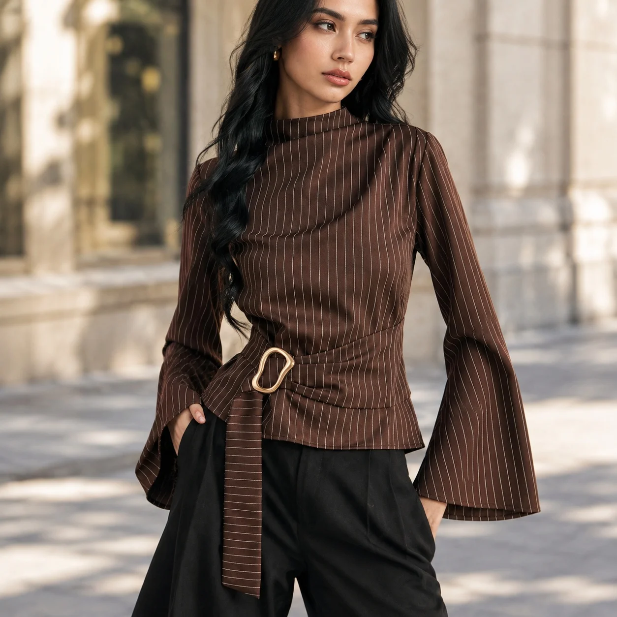 Tie Bell Sleeve Top Regular Length Graceful Elegant with Plaid Woven Construction No Stretch Autumn Long Sleeve Shirts for Women