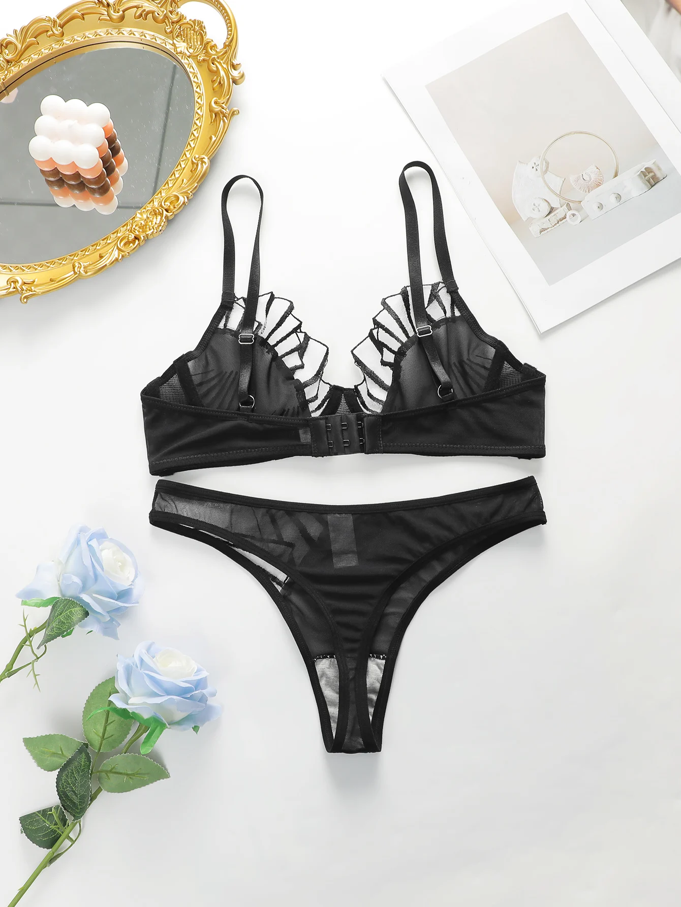 New Design High-Quality Lingerie Set With Sexy butterfly Line Mesh Plicing Women\'s Underwear Push Up Bra 2 Pieces YS2417