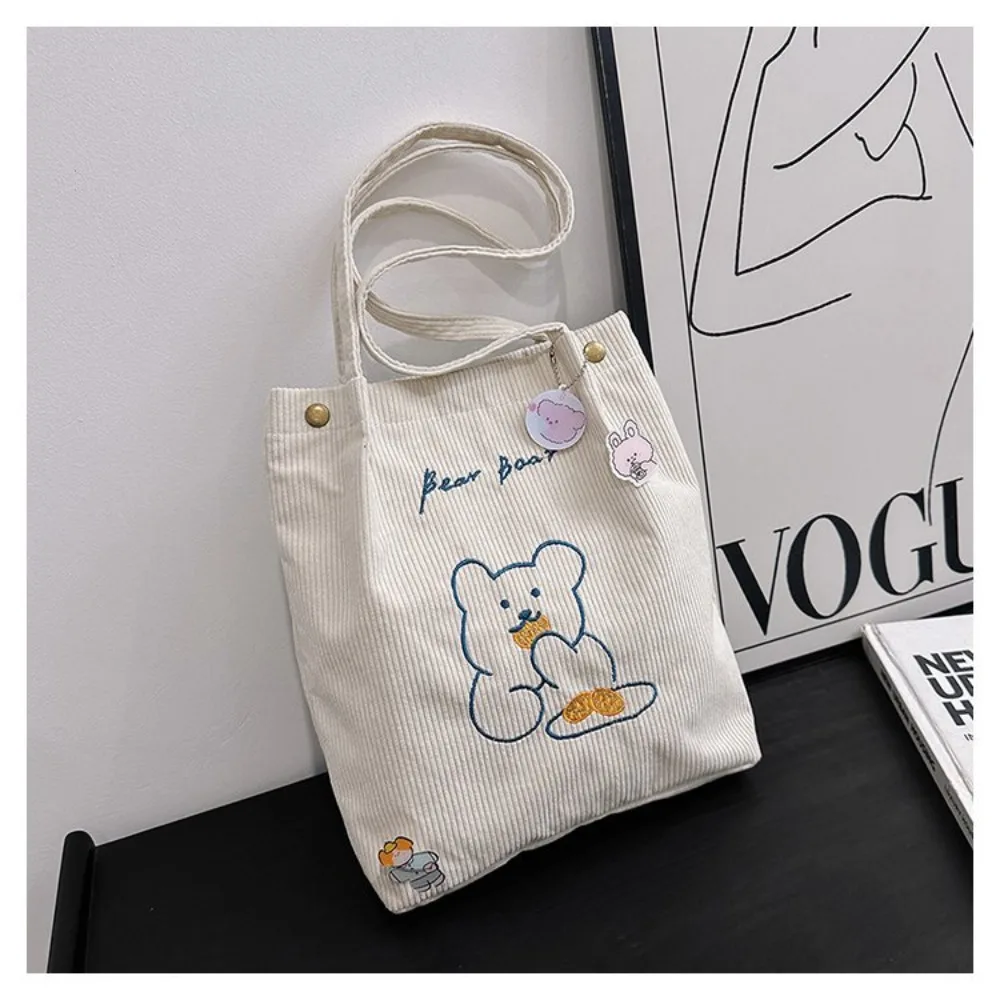 Women Corduroy Shoulder Bag High-capacity Bear Ladies Casual Handbag Tote Bag Reusable Large Capacity Cotton Shopping Beach Bags