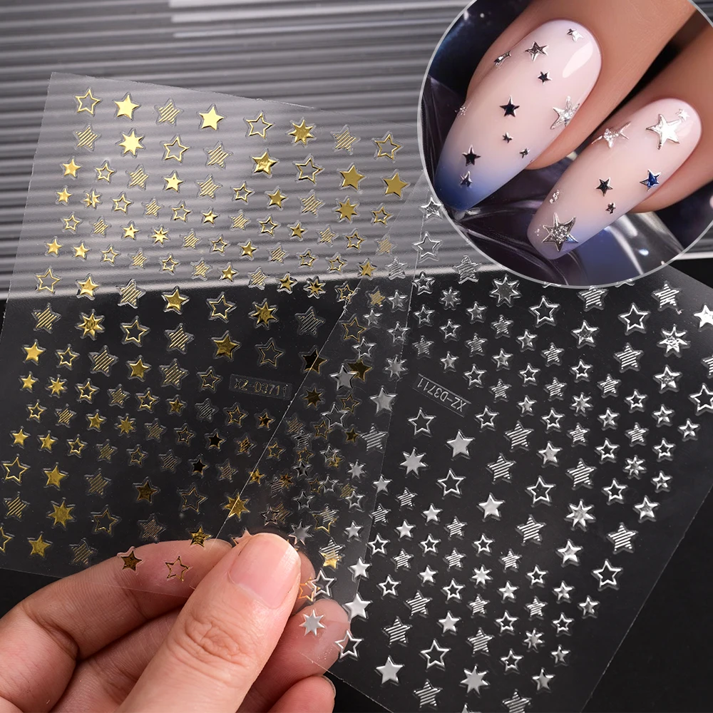 1 Uds. De pegatinas 3D para decoración de uñas con estrella plateada/luna/borla, líneas francesas/planeta/hoja/geomía, deslizadores autoadhesivos DIY Y2K, calcomanías para manicura