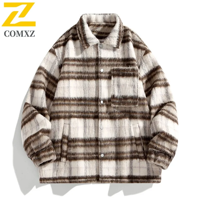 

COMXZ American Chic Style Tweed Plaid Coat Unisex Autumn Loose Fit Couple Chinese Trend Niche Grid Jacket Thickened Thermal 2025