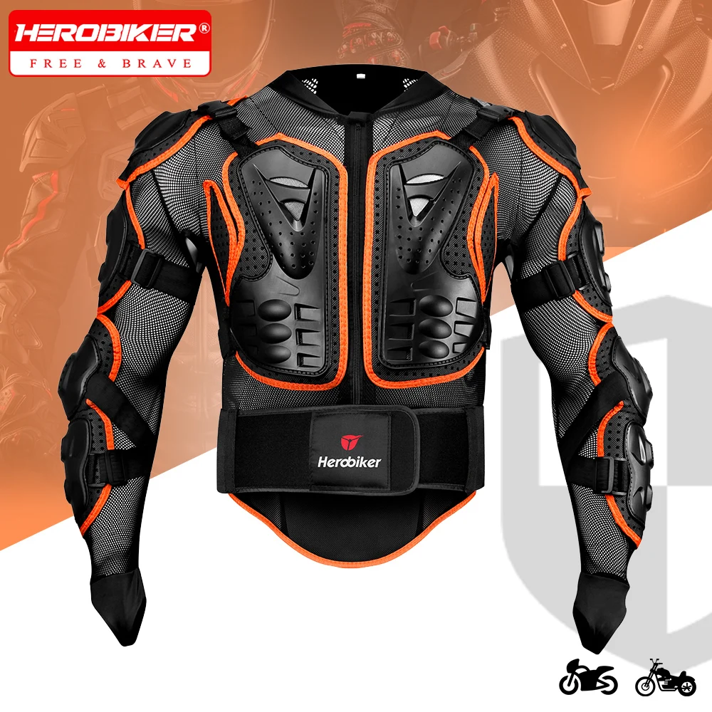 

HEROBIKER Orange Motorcycle Jacket Men Full Body Motorcycle Armor Motocross Racing Moto Jacket Riding Motorbike Protection Size