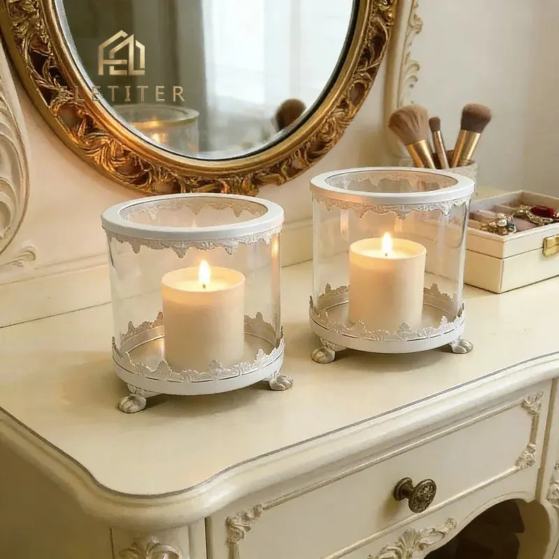 Romantic Glass Candle Holder with Metal Base, Aromatherapy Candle Jar for Bedroom Dresser Ornament, Vintage Home Decor