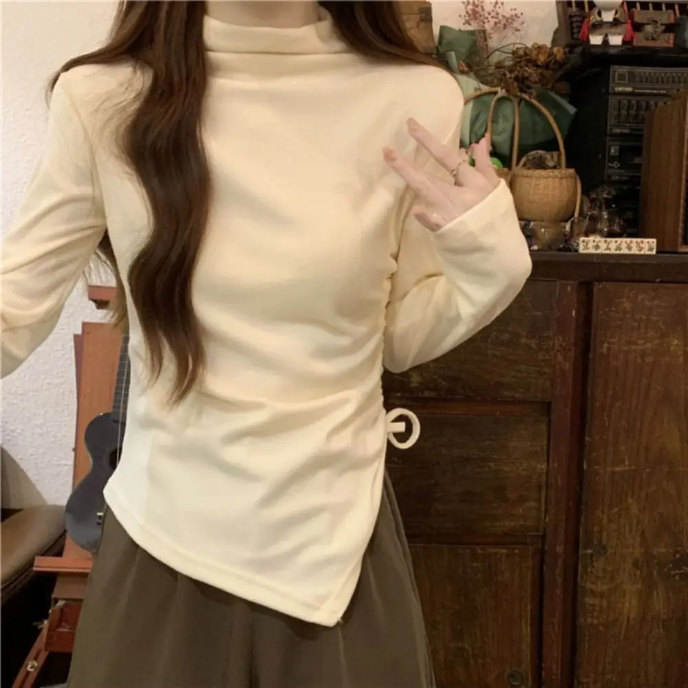 Damska bluzka z półgolfem, długim rękawem, asymetrycznym krojem, prostym, dopasowanym krojem, ze sznurkiem, wkładana przez głowę, jako podkoszulek lub top, krótki top, styl Y2k