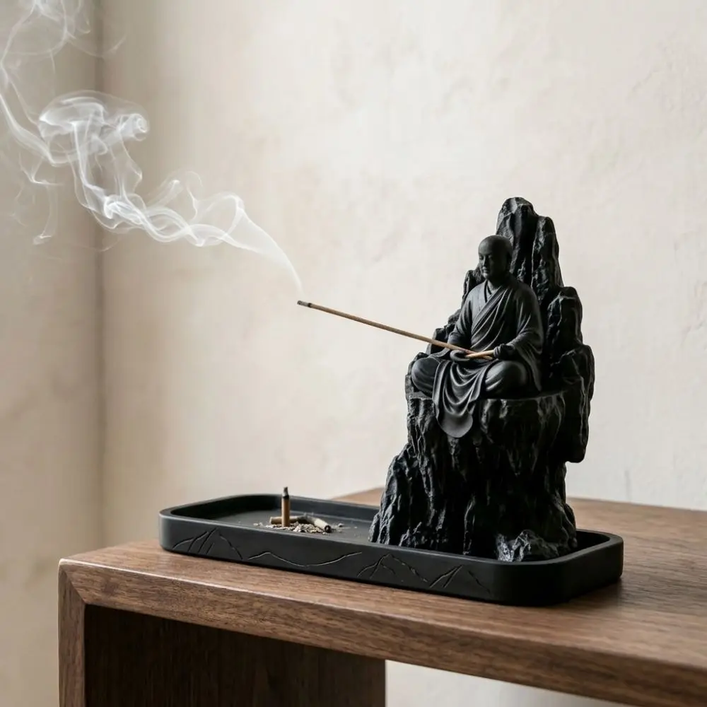 3D Printed Zen Monk Stick Incense Holder Mountain Cliff Ash-Catching Monk Figurine Censer Simulated Plastic