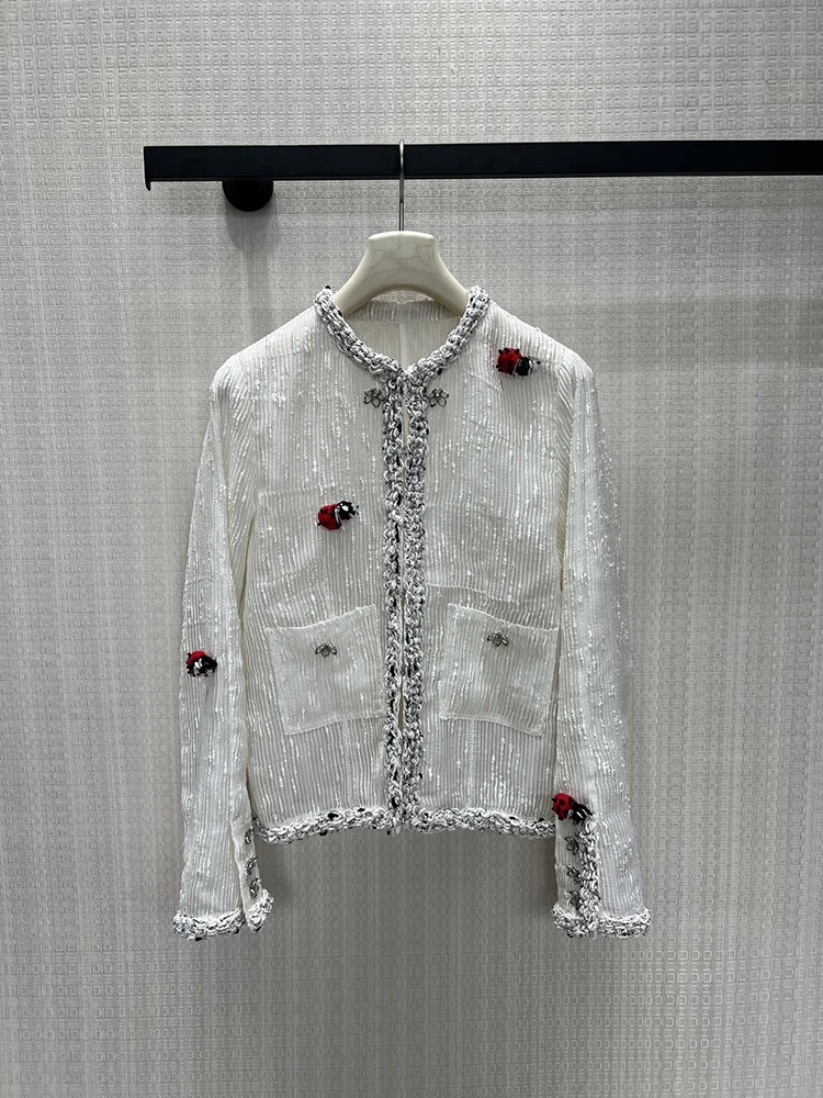 Summer Fashion White Thin Style Silk Liner Loose Jacket Women's Weave O-Neck Sequins Ladybug Metal Button Pocket Casual Coat
